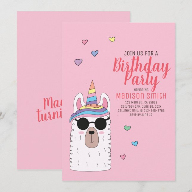 Invitación al cumpleaños de Cute Fiesta Llamacorn (Anverso / Reverso)