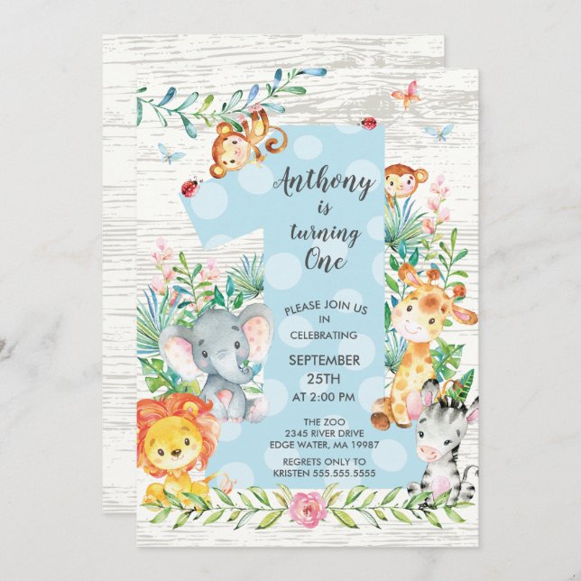 Invitación al cumpleaños de Cute Jungle Big One Bo (Anverso / Reverso)