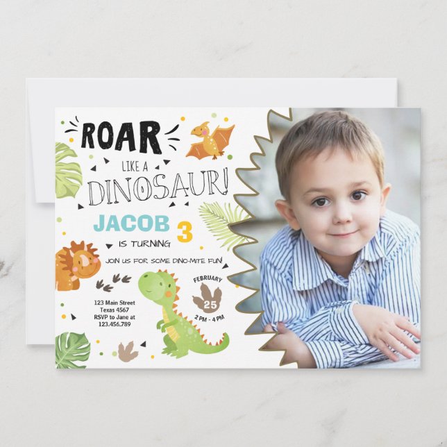 Invitación al cumpleaños de Dino Fiesta Boy (Anverso)