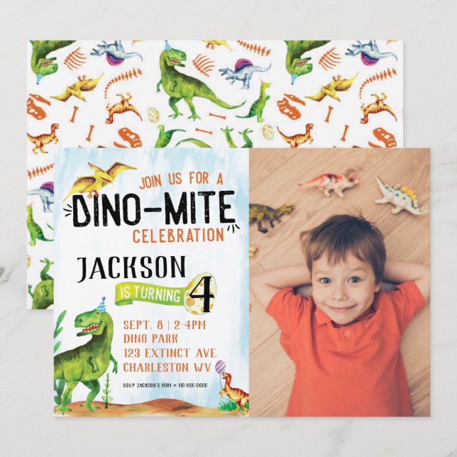 Invitación al cumpleaños de Dino-Mite Photo Dinosa (Anverso / Reverso)