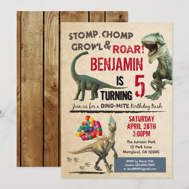 Invitación al cumpleaños de Dinosaur (Anverso / Reverso)