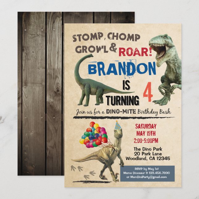 Invitación al cumpleaños de Dinosaur (Anverso / Reverso)