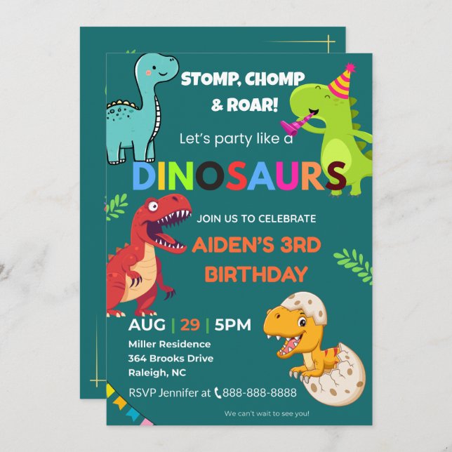Invitación al cumpleaños de Dinosaur - Editable |  (Anverso / Reverso)