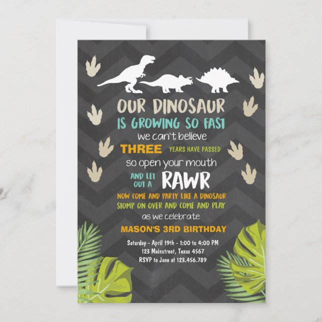 Invitación al cumpleaños de Dinosaur Fiesta Chalk (Anverso)