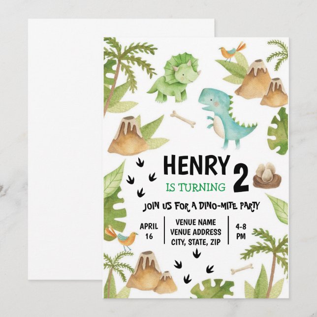 Invitación al cumpleaños de Dinosaurio (Anverso / Reverso)