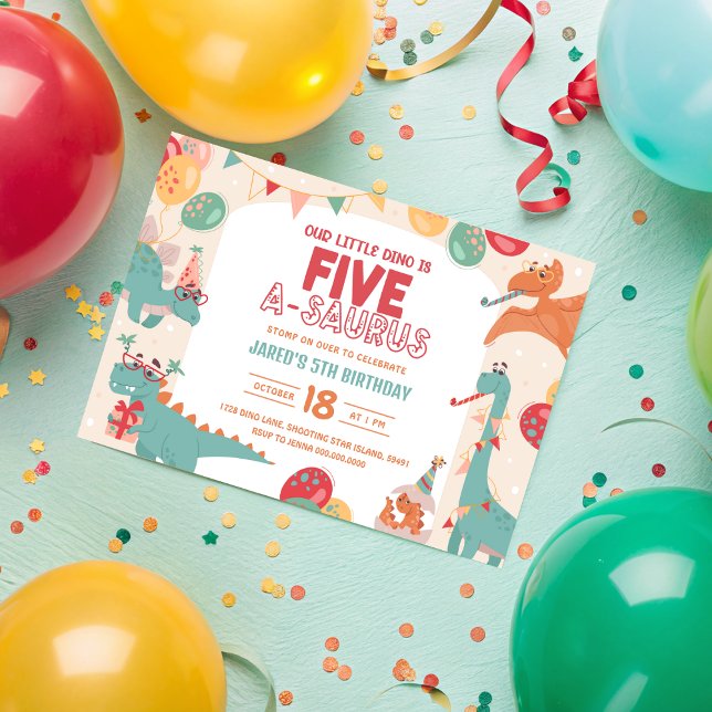 Invitación al cumpleaños de Dinosaurio Cinco. Cute (Dinosaur Birthday Invitation Five. Cute Dino 5th Party Invite. Printable Boy Modern Digital Download)