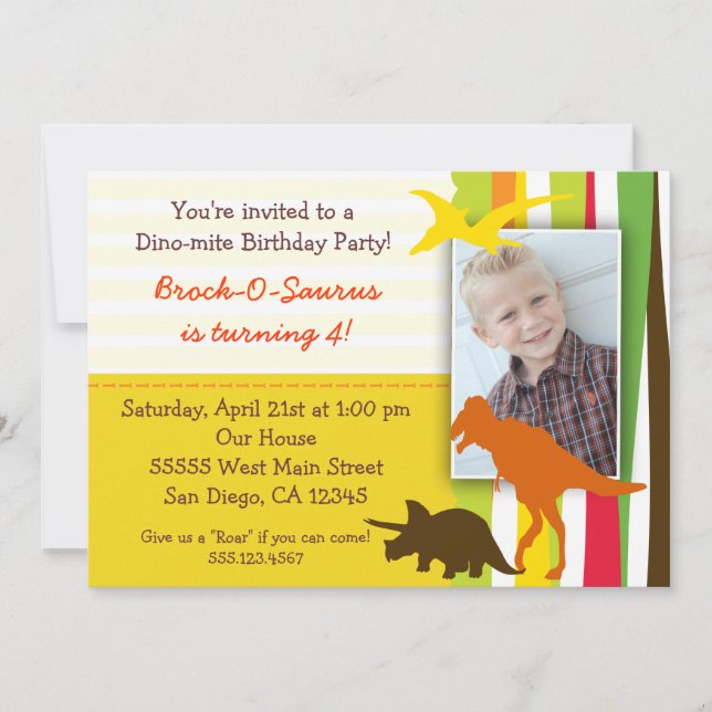 Invitación al cumpleaños de Dinosaurio con foto (Anverso)