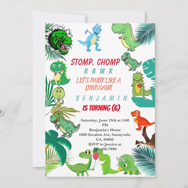 Invitación al cumpleaños de Dinosaurio fiesta de D (Anverso)