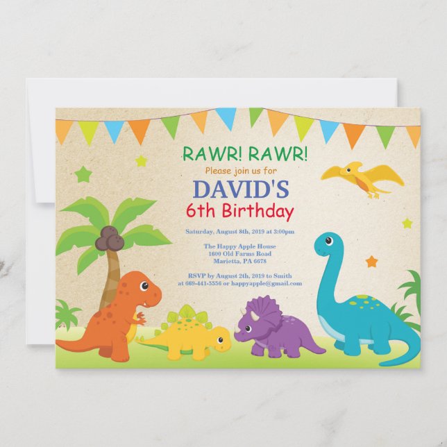 Invitación al cumpleaños de Dinosaurio Fiesta Dino (Anverso)