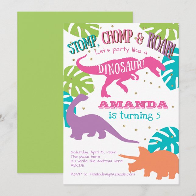 Invitación al cumpleaños de Dinosaurio, Pink, cump (Anverso / Reverso)
