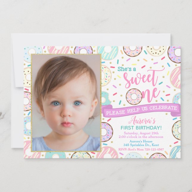 Invitación al cumpleaños de Donut Photo Sweet One  (Anverso)