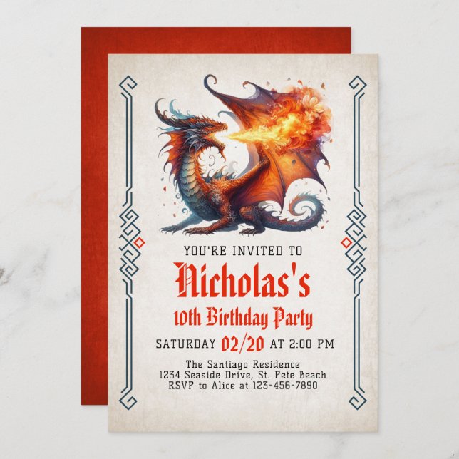 Invitación al cumpleaños de Dragon Fire Fantasy (Anverso / Reverso)