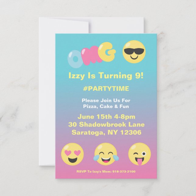 Invitación al cumpleaños de emoji Ombre Girly (Anverso)