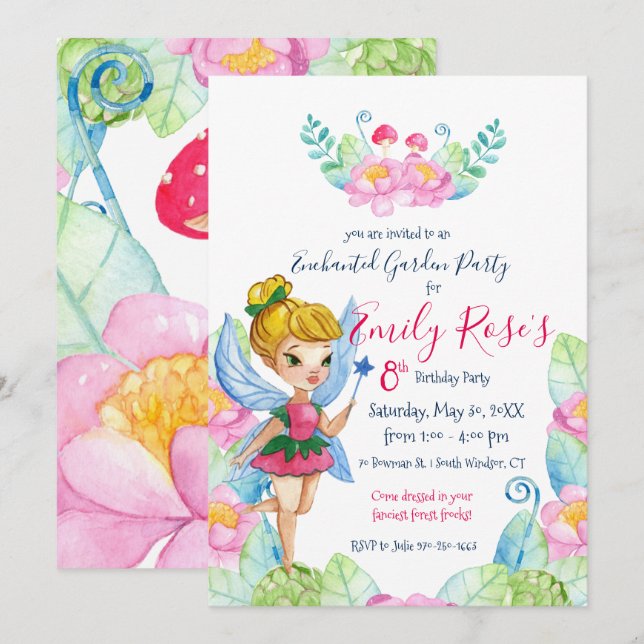 Invitación al cumpleaños de Fairy en el jardín enc (Anverso / Reverso)