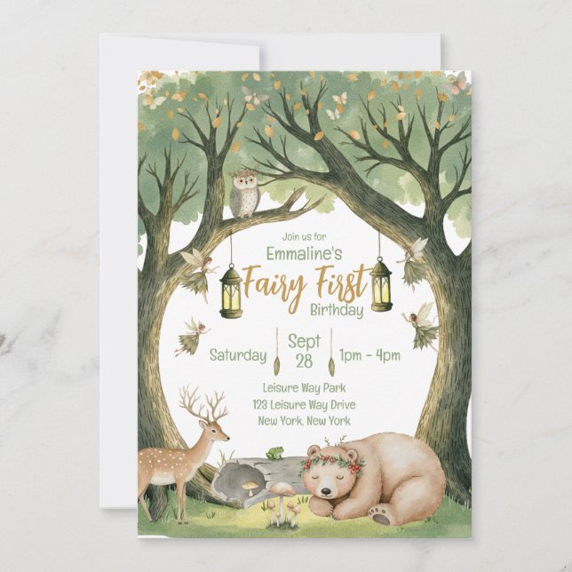 Invitación al cumpleaños de Fairy First Woodland (Anverso)