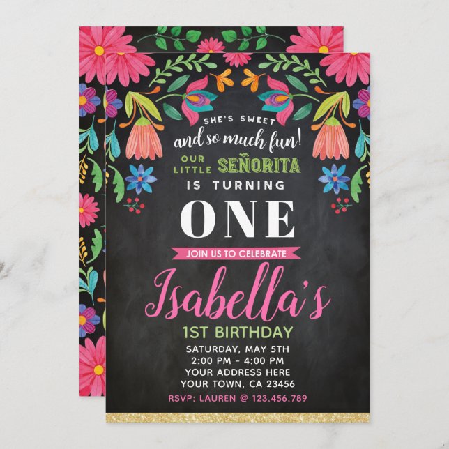 Invitación al cumpleaños de Fiesta, Chalkboard (Anverso / Reverso)