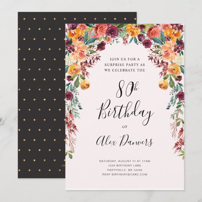 Invitación al cumpleaños de Floral otoño cualquier (Anverso / Reverso)