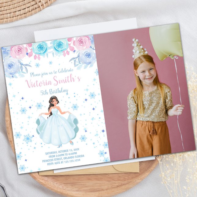 Invitación al cumpleaños de Floral Snow Falk Princ (Floral Snow Falk Princess Birthday Invitation)
