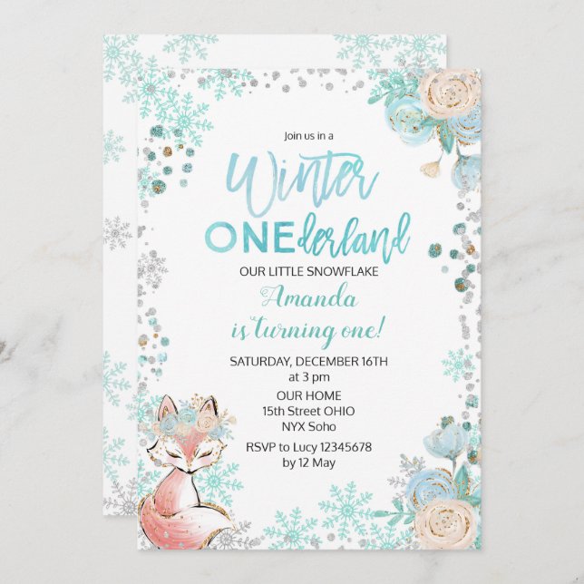 Invitación al cumpleaños de Fox Winter ONEderland (Anverso / Reverso)