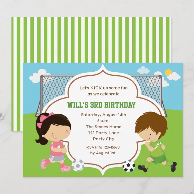 Invitación al cumpleaños de fútbol (niño y Chica)  (Anverso / Reverso)