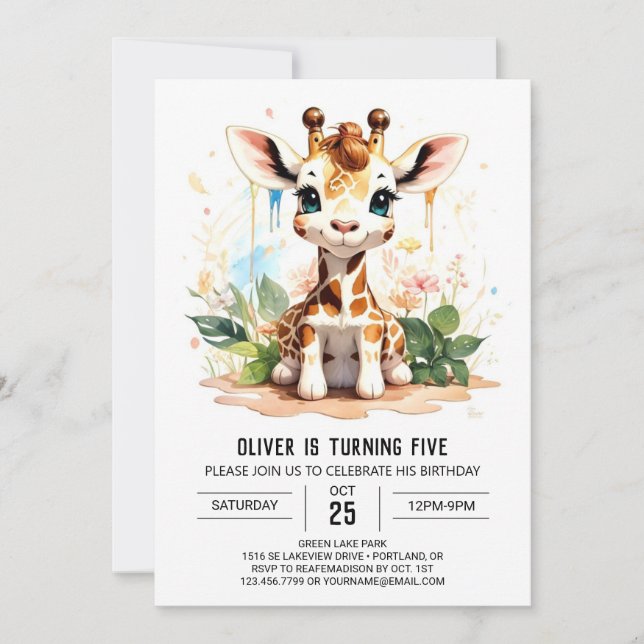 Invitación al cumpleaños de Giraffe Galore Safari (Anverso)