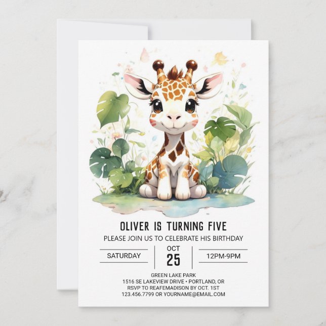 Invitación al cumpleaños de Giraffe Grace Safari (Anverso)