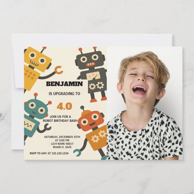 Invitación al cumpleaños de Guay Robot con foto (Anverso)