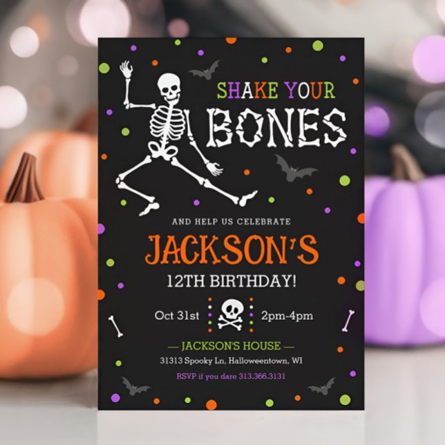 Invitación al cumpleaños de Halloween para niños e (Skeleton Kids Halloween Party Invitation)