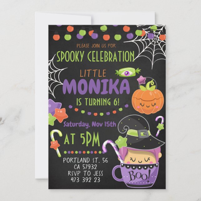 Invitación al cumpleaños de Halloween Witch Cauldr (Anverso)
