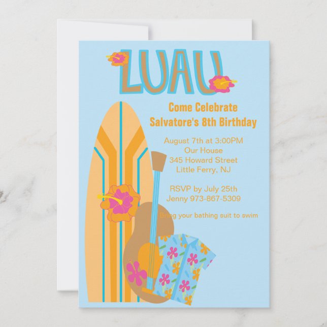 Invitación al cumpleaños de Hawaiian Surf Board Al (Anverso)