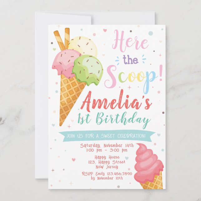 Invitación al cumpleaños de helado. Celebración du (Anverso)