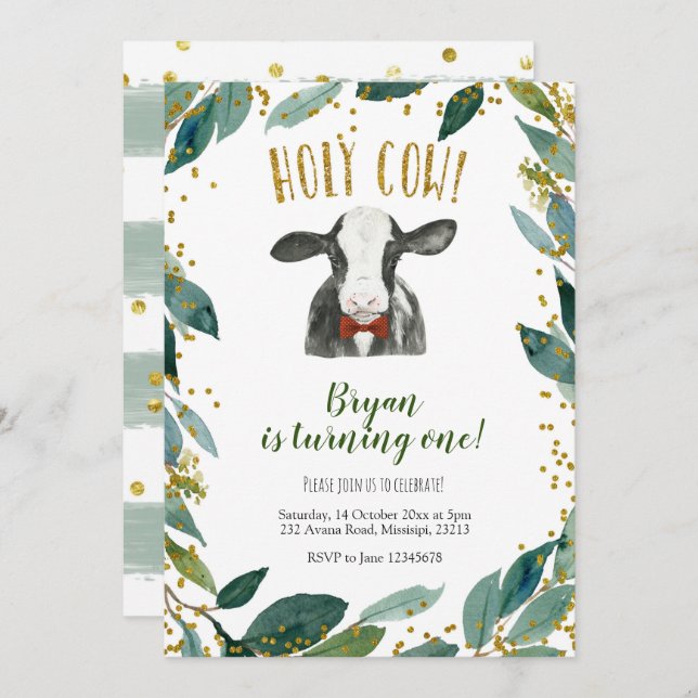 Invitación al cumpleaños de Holy Cow Boy Farm Gree (Anverso / Reverso)