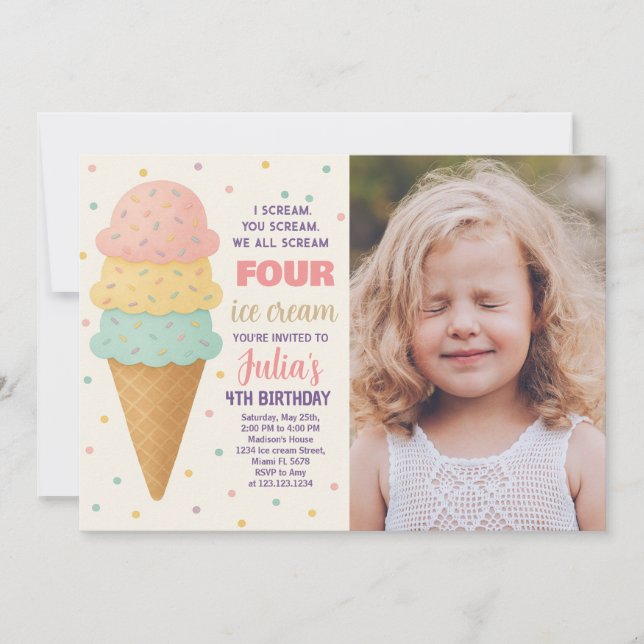 Invitación al cumpleaños de Ice Cream Editable con (Anverso)