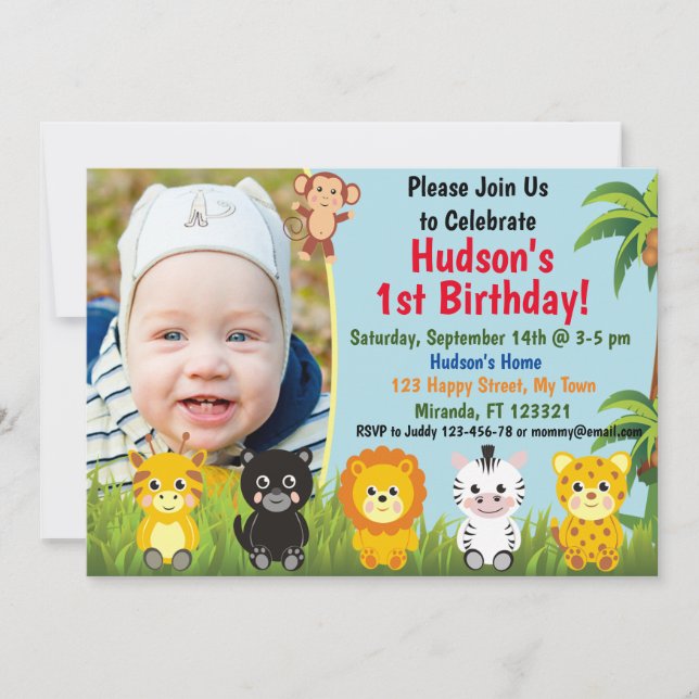 Invitación al cumpleaños de Jungle Safari Animals (Anverso)
