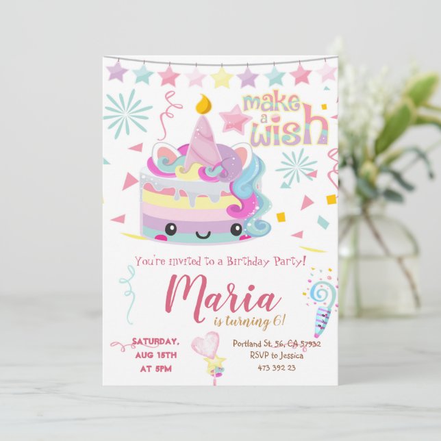 Invitación al cumpleaños de Kawai Unicorn Cake Pas (Anverso de pie)