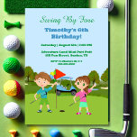 Invitación al cumpleaños de Kids Golf Putt Putt<br><div class="desc">Esta original invitación de Daphsam para jugar al golf con motivo de su cumpleaños capta la emoción de un fiesta de golf de compañía. Un niño y un chica celebran el green,  con un carrito de golf como fondo adornado con globos y un pastel.</div>