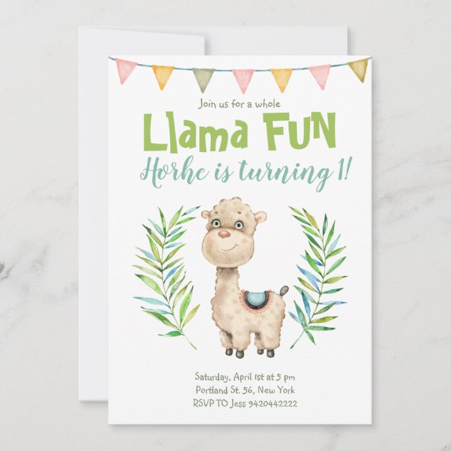 Invitación al cumpleaños de la acuarela de Llama F (Anverso)