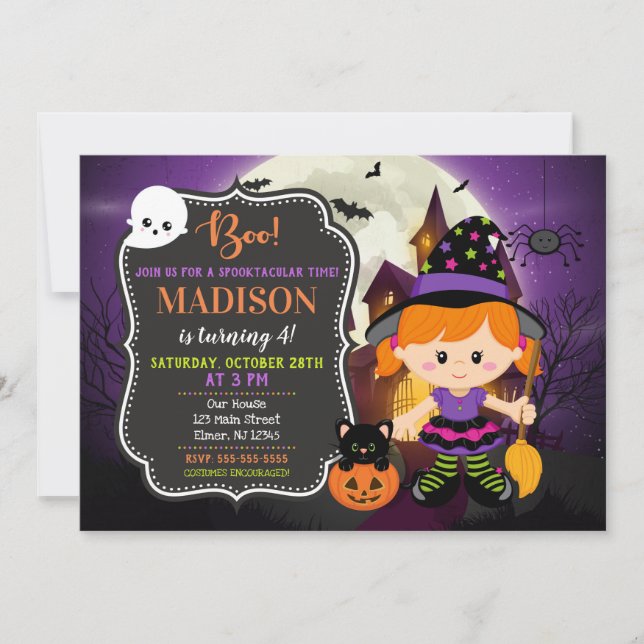 Invitación al cumpleaños de la bruja de Halloween (Anverso)