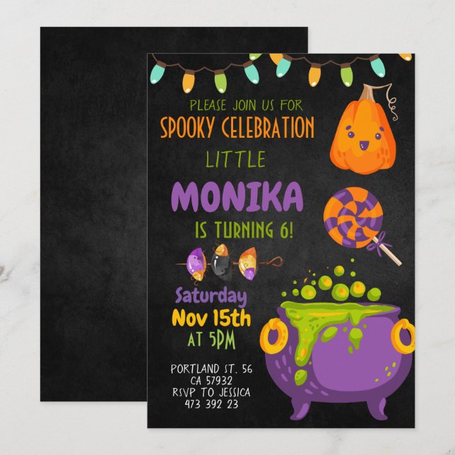 Invitación al cumpleaños de la bruja de Halloween  (Anverso / Reverso)