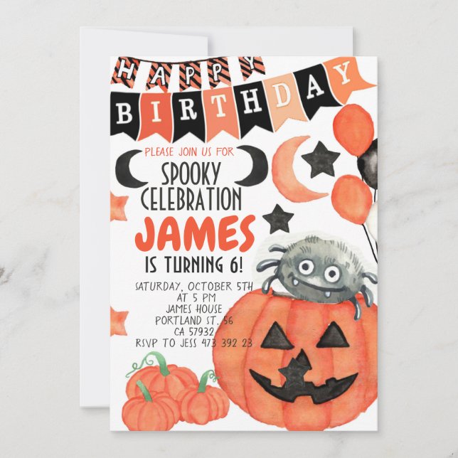 Invitación al cumpleaños de la Calabaza Araña de H (Anverso)
