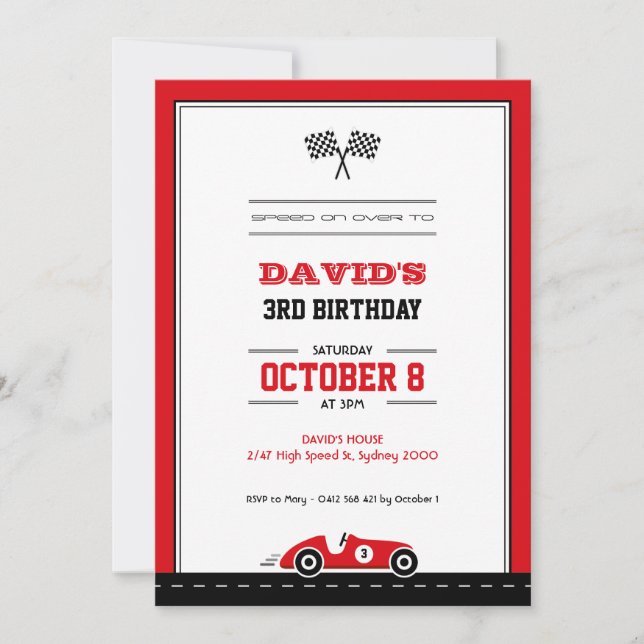 Invitación al cumpleaños de la carrera automovilís (Anverso)