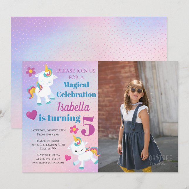 Invitación al cumpleaños de la foto de unicornio d (Anverso / Reverso)