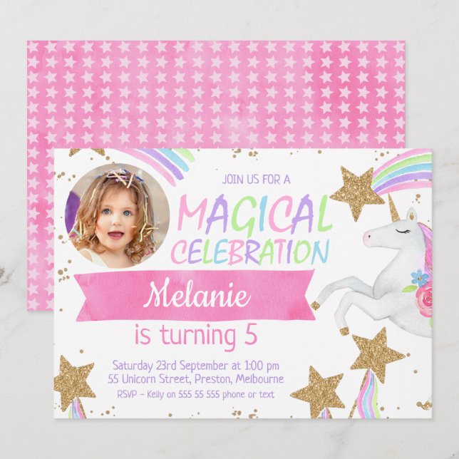 Invitación al cumpleaños de la foto de unicornio d (Anverso / Reverso)