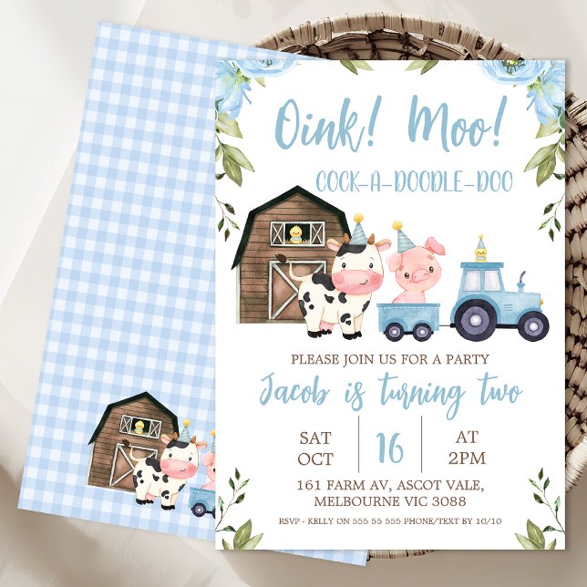 Invitación al cumpleaños de la granja de tractores (Farm Birthday Invitation Templates, Oink Baa Moo Birthday Invitation Editable, Farm Animals Invite
)