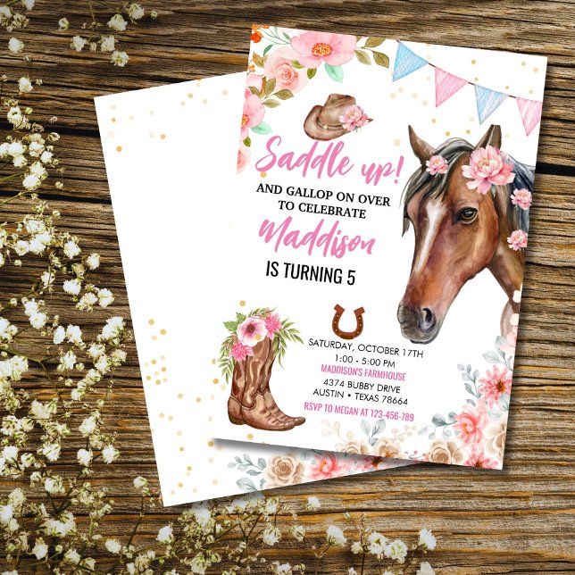 Invitación al cumpleaños de la lechera floral edit (Horse and flowers invite – adorable for your girl's western birthday bash!)