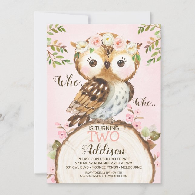 Invitación al cumpleaños de la lechuza floral rosa (Anverso)