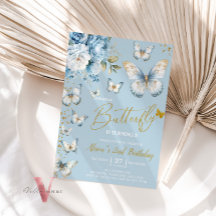 Invitación al cumpleaños de la mariposa azul y dor