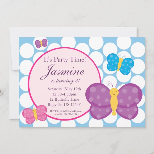 Invitación al cumpleaños de la mariposa Blue Polka (Anverso)