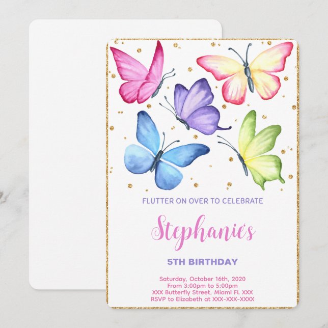 Invitación al cumpleaños de la mariposa cuta (Anverso / Reverso)