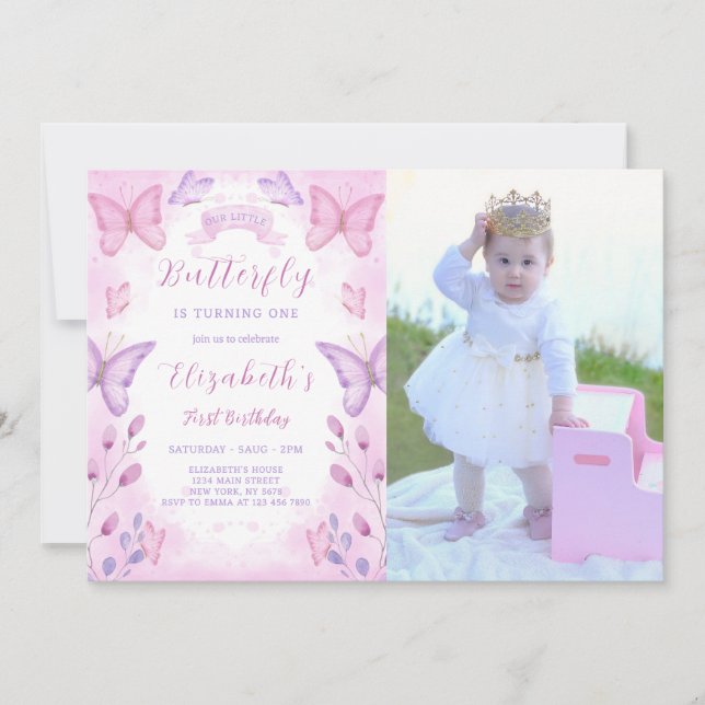 Invitación al cumpleaños de la mariposa morada con (Anverso)